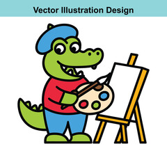 Obraz premium Cartoon Alligator Artist with Easel and Palette Vector Illustration Design