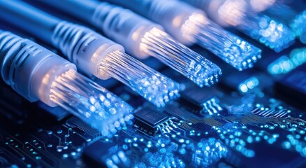 Close-up of fiber optic cables on circuit board