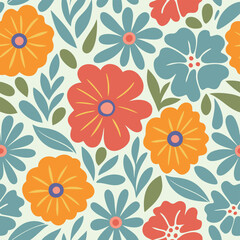 Colorful hand drawn floral seamless pattern featuring orange red and blue flower elements and green foliage.