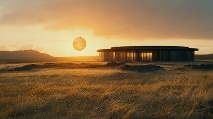 Fototapeta premium A contemporary building stands amidst golden fields under a vibrant sunset, framed by distant mountains and a serene atmosphere