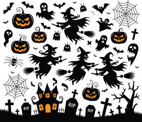 High-quality Halloween vector illustration featuring spooky and fun design elements including ghosts, jack-o'-lanterns, bats, witches, skulls, and spider webs. Perfect for seasonal design projects suc