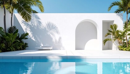 Minimalist luxury villa with a swimming pool, featuring abstract palm leaf shadows on a white architectural wall.