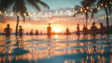 People relax and socialize during a pool at a vibrant sunset while string lights create a warm ambiance - Powered by Adobe