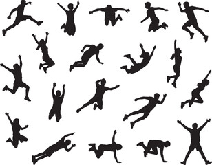 Diverse silhouettes of people jumping and leaping