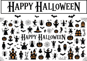 High-quality Halloween vector illustration featuring spooky and fun design elements including ghosts, jack-o'-lanterns, bats, witches, skulls, and spider webs. Perfect for seasonal design projects suc