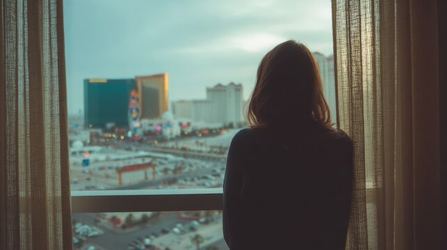 A woman gazes contemplatively out a window, observing the bustling cityscape, juxtaposing solitude with urban vibrancy.