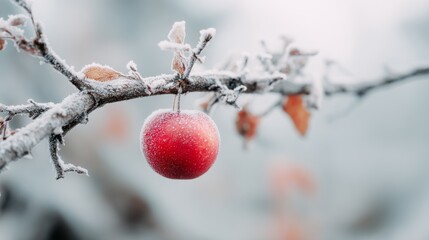 A frost-covered branch supports a solitary red apple, contrasting vivid colors with the ethereal wintry backdrop.