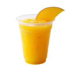 Fresh Mango Juice in Plastic Cup with Cubed Mango Slice Isolated on White Background