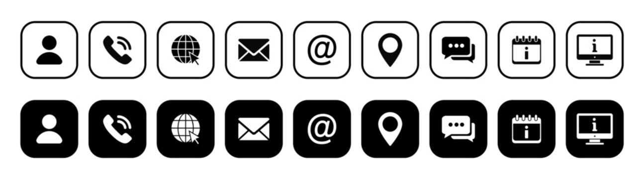 Flat contact and communication icon set in outline, circular, and filled styles. Set of contact us icons for web and website. 