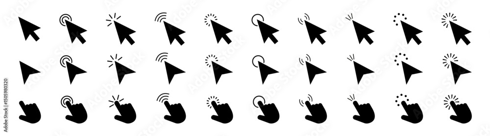 Poster pointer cursor сomputer mouse icon.cursors icons click set. clicking cursor, pointing hand clicks ic