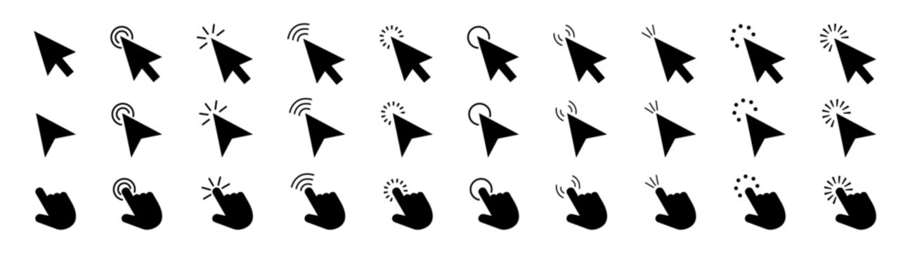 Pointer cursor сomputer mouse icon.Cursors icons click set. Clicking cursor, pointing hand clicks icons.