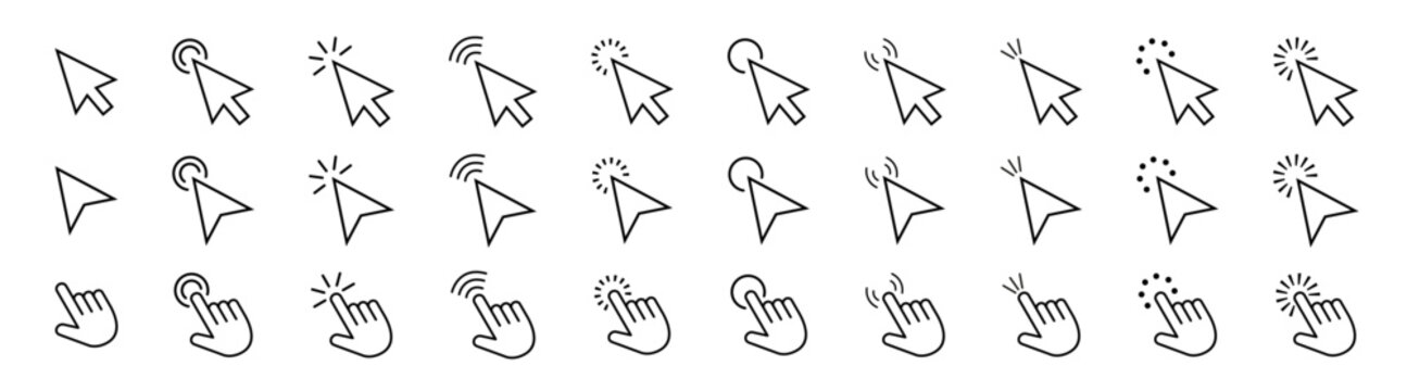 Pointer cursor сomputer mouse icon.Cursors icons click set. Clicking cursor, pointing hand clicks icons.