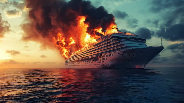 A large cruise vessel is engulfed in flames while floating in open sea waters during sunset, creating a dramatic and alarming situation