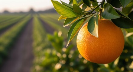 Fresh orange hanging from a green tree branch in a vibrant orchard, with rows of citrus trees stretching into the distance, showcasing agricultural beauty and natural bounty