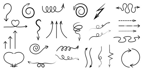 Collection of hand drawn decorative arrows in various styles including curly, spiral, wavy, zigzag, and heart shaped designs. Perfect for planners, infographics, presentations, social media graphics