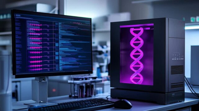 A lab showcases a high tech setup with a computer showing genetic data and a device visualizing colorful DNA strands