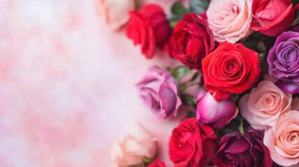 A vibrant collection of fresh roses in shades of red, pink, and purple elegantly arranged against a soft pastel backdrop