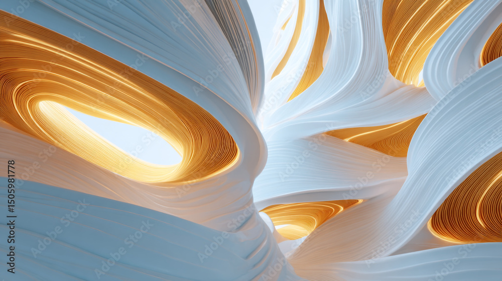 Poster abstract layers of white and gold curved shapes creating a modern and elegant background design elem