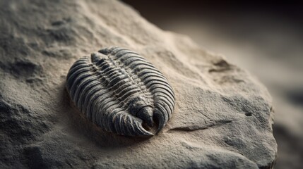 A fossilized trilobite rests on a textured stone surface, unveiling mysteries of prehistoric life.