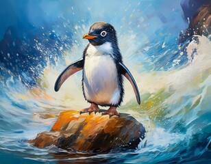 Fototapeta premium oil painting of adorable young penguin standing on rock amidst splashing ocean waves
