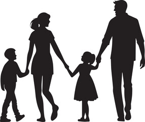 Black Silhouette of Family Holding Hands – Father, Mother, Son, and Daughter