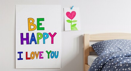 Colorful motivational posters on wall near bed with blue bedding