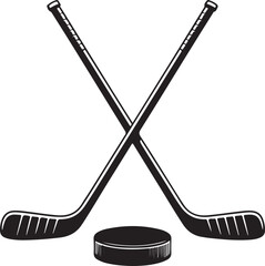 A vector illustration of two crossed hockey sticks and a puck