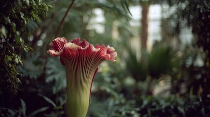 A striking Amorphophallus titanum blooms in a lush greenhouse, its vibrant petals contrasting against the verdant foliage surrounding it.