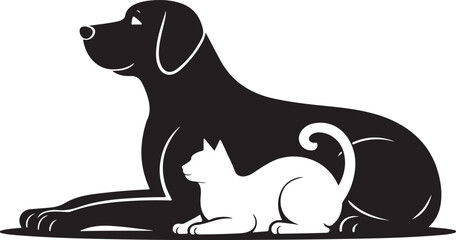 Black silhouette of dog and white cat isolated on white