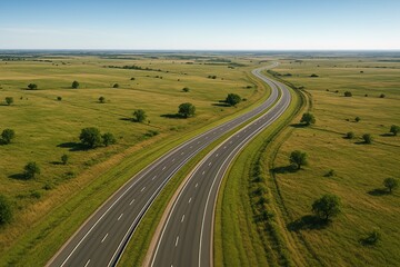 Aerial view of a highway cutting through a vast green field under a clear blue sky on a sunny day