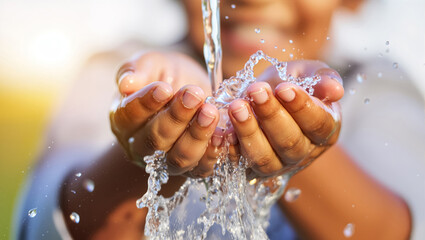 Child's hands catch clean pouring water splash in bright sunlight. Global water crisis awareness, thirst quenching, precious life source concept.