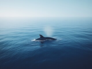 Fototapeta premium Large whale swimming at the surface of the calm blue ocean under a clear sky with water spray rising from its blowhole