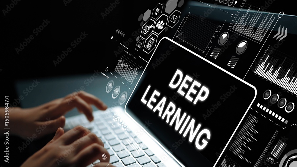 Aufkleber hands typing on laptop with deep learning concept visuals and data analytics background in modern te