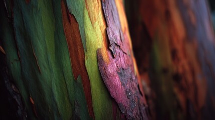 An intricate rainbow eucalyptus bark displays swirling patterns and rich colors, capturing the extraordinary diversity of nature’s palette.