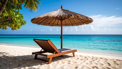 Relaxing tropical beach scene with empty lounge chair and straw umbrella overlooking pristine turquoise ocean under clear blue sky, inviting peaceful vacation leisure.