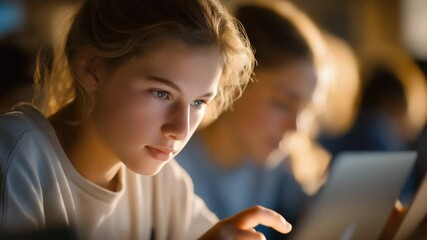 Girls Collaborating on Coding in a Modern STEM Classroom - Powered by Adobe