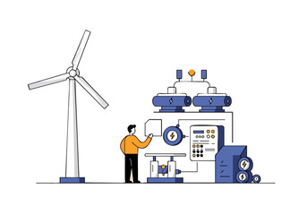 A modern illustration depicts energy storage with a wind turbine and control panel. A man monitors the system, showcasing renewable energy solutions. Clean, graphic style.