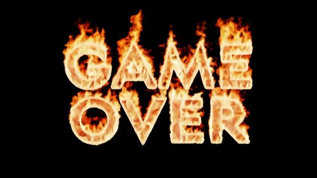 Game over text in flaming letters on dark screen used as end message in gaming content or dramatic digital visuals for failure or challenge scene