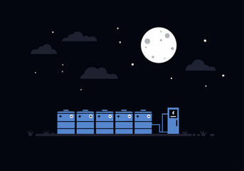 A stylized illustration depicts energy storage units under a full moon, conveying a sense of nighttime power and sustainability. Clean, modern design. © Vector Factory