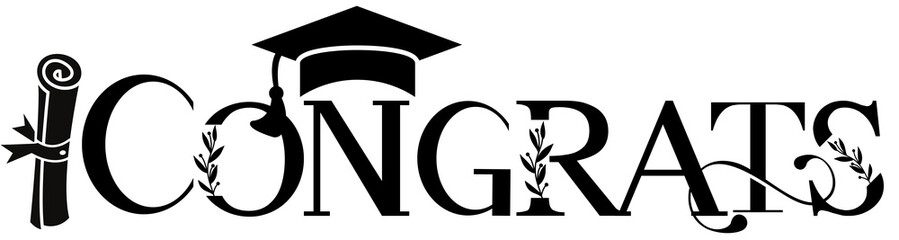 CONGRATS floral minimalistic, elegant sign with unique lettering, student graduation hat and diploma isolated over transparent (white) background
