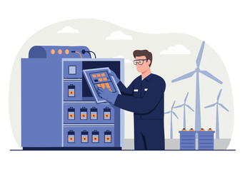 A technician inspects a battery bank, showcasing durability. A wind turbine backdrop highlights renewable energy. Modern, professional setting. © Vector Factory