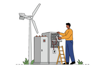 A technician maintains a battery bank with a wind turbine in the background.  A man uses a ladder to inspect the equipment.  Modern, clean illustration. © Vector Factory