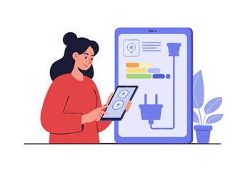A woman monitors energy usage on a tablet, showcasing a modern storage monitoring concept. Clean, bright illustration with a focus on technology and efficiency.