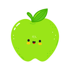 Delightful cartoon illustration of a happy, smiling green apple fruit with a cheerful expression.