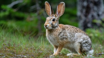 Fototapeta premium Rabbit Resting on Green Grass in a Forested Area During Daylight Hours