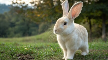 Fototapeta premium Rabbit Resting on Green Grass in a Forested Area During Daylight Hours.