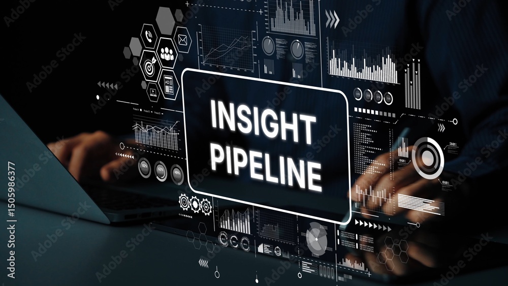 Poster digital futuristic interface showcasing data analytics insights with text overlay for insight pipeli