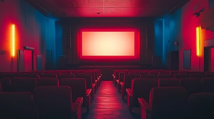cinema seats arranged in perfect rows facing a large glowing blank screen dark theater moody lighting ambient glow no people