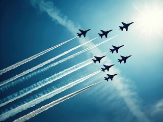 A formation of jet fighter planes flying in the sky with white contrails behind them