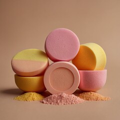 Geometric layout of makeup sponges in pink and yellow on beige.
